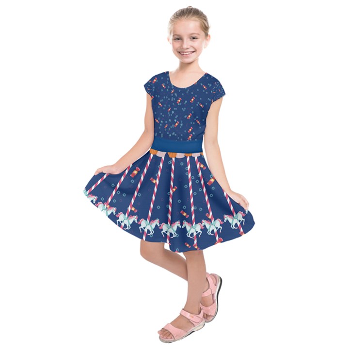 Blue Lollipop Candy Cupcake Carousel Horse Kids  Short Sleeve Dress