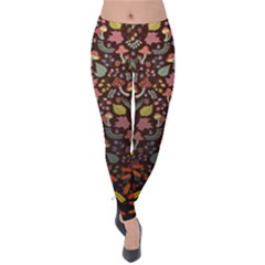 Dark Brown Autumn Leaves Prints Velvet Leggings