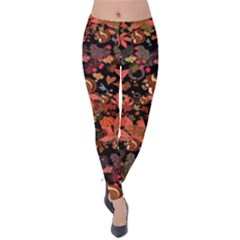 Pink & Black Autumn Leaves & Squirrels Velvet Leggings