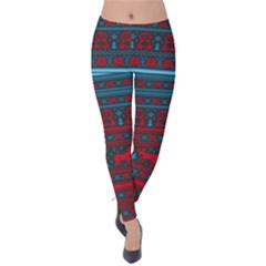 Light Blue & Red Aztec Deer Xmas Pajamas Velvet Leggings