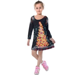 Elegant Xmas Tree Black Lights Kids Kids  Long Sleeve Velvet Dress