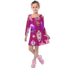 Dark Magenta Christmas Ornaments Stars Kids  Long Sleeve Velvet Dress