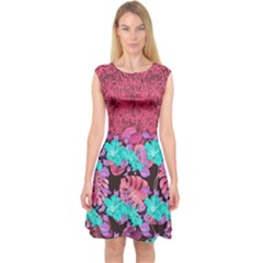 Coral Pink & Blue Hawaii Capsleeve Midi Dress by CoolDesigns