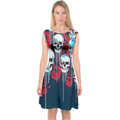 Midnight Blue Melting Skulls Capsleeve Midi Dress by CoolDesigns