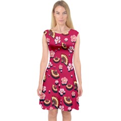 Red Sakura Blossom Fan Fashion Capsleeve Midi Dress by CoolDesigns