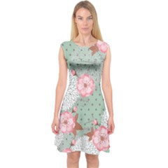 Light Green Sakura Blossom Capsleeve Midi Dress by CoolDesigns