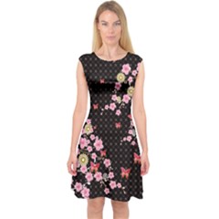 Black Sakura Blossom Capsleeve Midi Dress by CoolDesigns