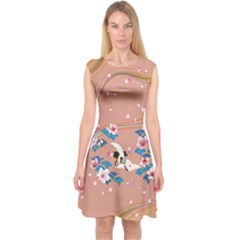 Coral Elegant Crane Sakura Blossom Capsleeve Midi Dress by CoolDesigns