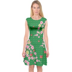 Green With Pink Sakura Blossom Capsleeve Midi Dress by CoolDesigns