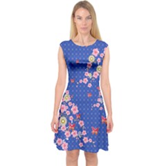 Blue Checkered Sakura Blossom Capsleeve Midi Dress by CoolDesigns