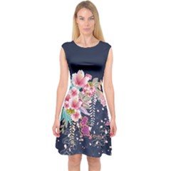 Dark Navy Blue Sakura Blossom Capsleeve Midi Dress by CoolDesigns