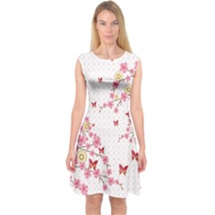 White Sakura Blossom Capsleeve Midi Dress by CoolDesigns