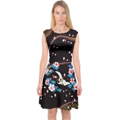 Black Swift Crane Sakura Blossom Capsleeve Midi Dress by CoolDesigns