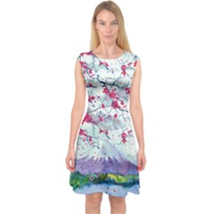 Pink & Green Fujiyama Sakura Blossom Capsleeve Midi Dress by CoolDesigns