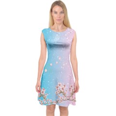 Baby Blue & Pink Sakura Blossom Pantone Capsleeve Midi Dress by CoolDesigns