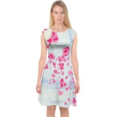 Pink Water Color Sakura Blossom Capsleeve Midi Dress by CoolDesigns