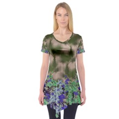 Green Purple Hawaii Floral Short Sleeve Tunic Top by CoolDesigns