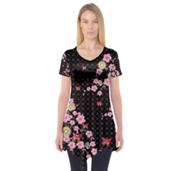 Black Sakura Blossom Short Sleeve Tunic Top by CoolDesigns