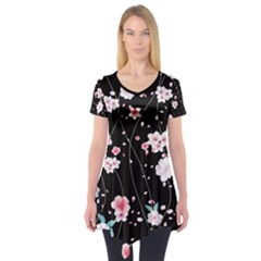 Black & White Sakura Blossom Short Sleeve Tunic Top by CoolDesigns