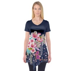 Dark Navy Blue Sakura Blossom Short Sleeve Tunic Top by CoolDesigns