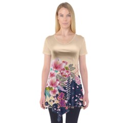 Beige Vintage Sakura Blossom Short Sleeve Tunic Top by CoolDesigns