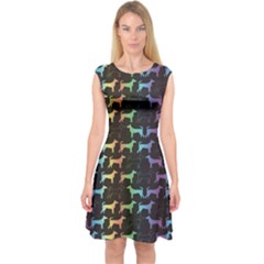 Colorful Bright Spectrum Pattern Of Dog Silhouettes On Black Capsleeve Midi Dress by CoolDesigns