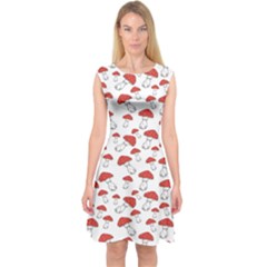 Red Fly Agaric Mushrooms Pattern Capsleeve Midi Dress by CoolDesigns