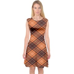 Brown Orange And Brown Cross Pattern Capsleeve Midi Dress