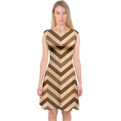 Brown Chevron Zigzag Compressed Paper Wallpaper Brown Shades Capsleeve Midi Dress by CoolDesigns