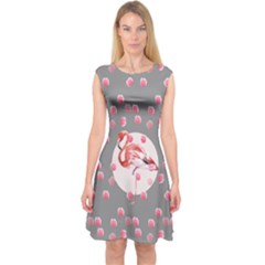 Dark Gray Flamingo Dots Flamingo Capsleeve Midi Dress by CoolDesigns