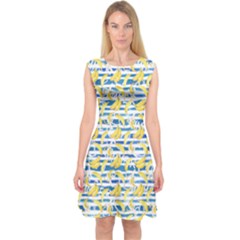 Yellow & Blue Stripes Banana Summer Capsleeve Midi Dress by CoolDesigns