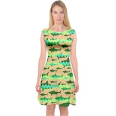 Neon Green & Dark Green Shark Capsleeve Midi Dress by CoolDesigns