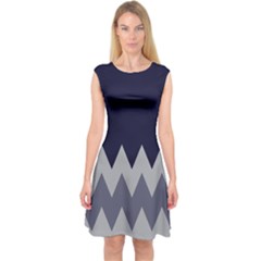 Denim Blue With Grey Zigzags Full Length Capsleeve Midi Dress by CoolDesigns