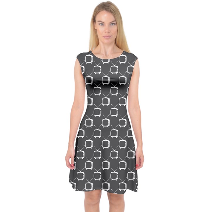 Black Retro Tv Web Flat Design Gray Pattern Capsleeve Midi Dress