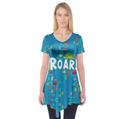 Dark Turquoise Dinosaurs Roar Pattern Kids Short Sleeve Tunic  by CoolDesigns