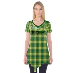 Medium Sea Green Tartan Pattern With Florals Short Sleeve Tunic  by CoolDesigns