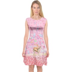 Soft Pink Woodland Deers & Fox With Feathers Capsleeve Midi Dress by CoolDesigns