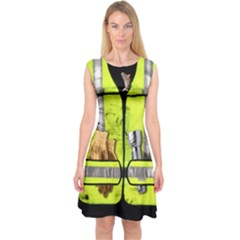 Green Yellow Faux Engineering Vest Capsleeve Midi Dress by CoolDesigns