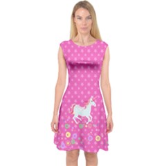 Hot Pink Unicorn & Stars Print Capsleeve Midi Dress by CoolDesigns