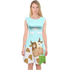 Light Blue & Brown Adorable Cow Print Capsleeve Midi Dress by CoolDesigns