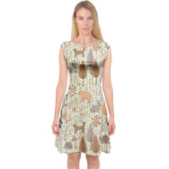 Maroon & Light Olive Drab Woodland Animals Print Capsleeve Midi Dress by CoolDesigns