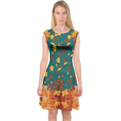 Dark Cadet Turkey Autumn Leaves Thanksgiving Pattern Capsleeve Midi Dress by CoolDesigns