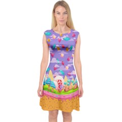 Candyland Pink Lollipop Candy Macaroon Cupcake Donut Capsleeve Midi Dress by CoolDesigns