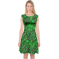 Dark Green Lucky Clover Leaves Stripes Pattern Capsleeve Midi Dress by CoolDesigns