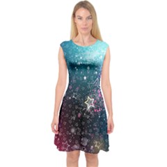 Turquoise Stars And Galaxy Print Capsleeve Midi Dress by CoolDesigns