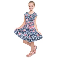 Dark Steel Blue Summer Flower With Zigzag Print Kids Short Sleeve Dress by CoolDesigns