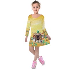 Yellow Western Cowboy Cartoon Kids Long Sleeve Velvet Dress