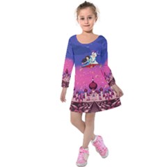 Purple & Pink Magic Carpet Cartoon Kids Long Sleeve Velvet Dress