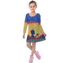 Yellow & Blue Ribbon Floral Woodland Kids Long Sleeve Velvet Dress by CoolDesigns