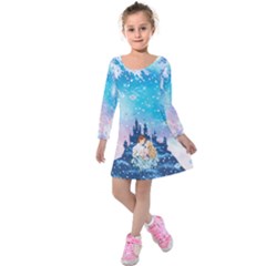 Blue & White Stars Prince Charm In Castle Kids Long Sleeve Velvet Dress